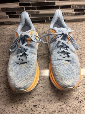 Womens Hoka Clifton 9 Light Blue and Pale Orange Running Sneakers size 7